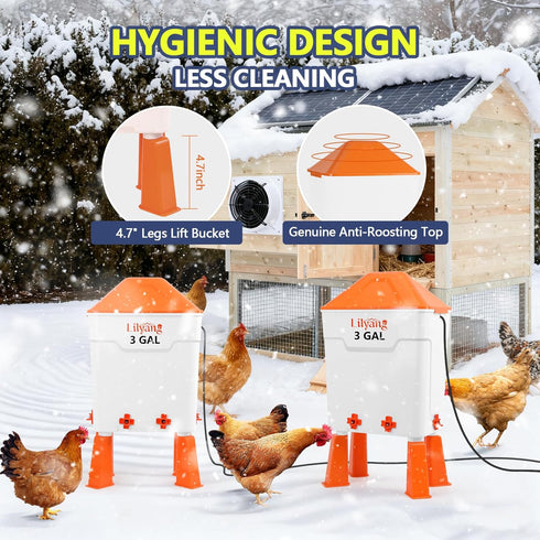 3 250W Lilyang Heated Chicken Waterer Gallon, Chicken Water Heater with Thermostat Control, Freeze-Proof Poultry