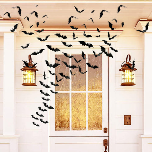 TDHDIKE 64 Pcs Halloween Decorations Black Bats Wall Decor, Reusable PVC 3D Stickers for Indoor Outdoor Party Decor