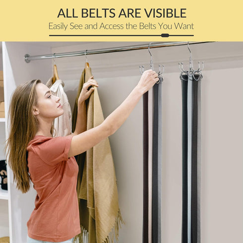 Space Saving Belt Hanger Organizer for Closet, Max 24 Storage Capacity, Rotating Rack for Hanging Belts, Ties, Silver