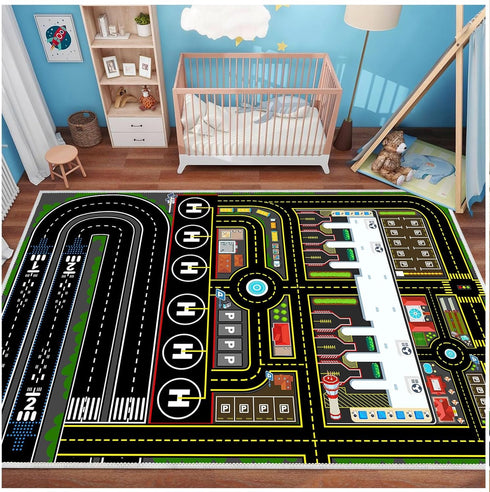 39''x59'' Kids Car Rug Carpet Playmat for Play Toy Cars, Airplane Road Airport Parking Track Rugs Carpet for Playroom