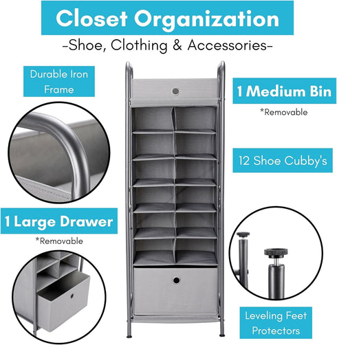 BIRDROCK HOME 12 Cubby Vertical Shoe Rack Organizer - Sturdy Metal Frame for Small Space Bedroom & Closet
