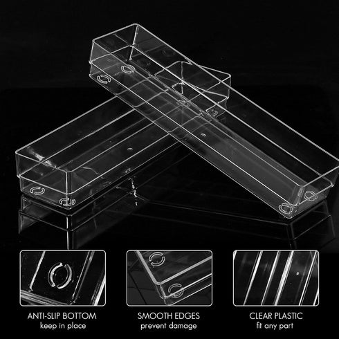 LotFancy Clear Drawer Organizers, Set of 3, 12” x 3” x 2” Plastic Storage Bins for Desk, Bathroom, and Makeup