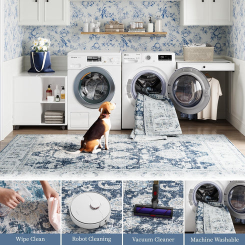 jinchan 2x6 (2x6, Fiora Runner Rug Machine Washable Hallway Rug Dark Blue Vintage Floral Print Non-Slip Low Pile