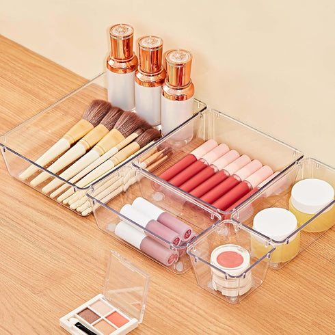 SMARTAKE 22-Piece Drawer Organizer with Non-Slip Silicone Pads, Clear Storage Trays for Makeup, Jewelry, Utensils