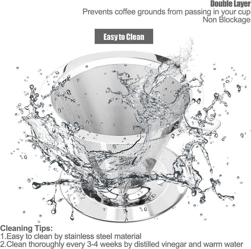 Pour Over Coffee Dripper, Reusable Paperless Coffee Filter for Single Cup Brew, Stainless Steel Cone Filter
