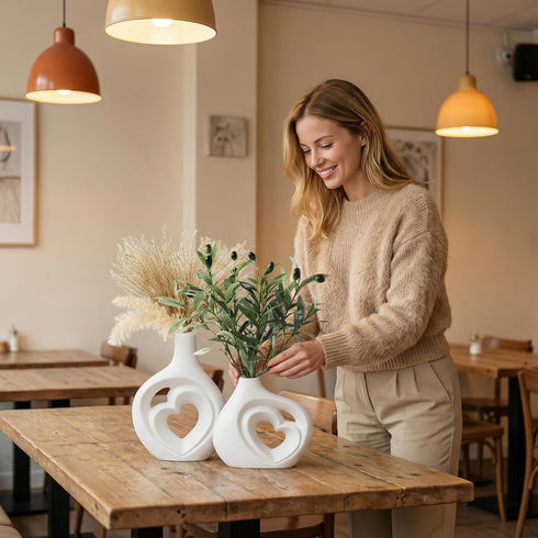 Set 2, 8.5in White Heart Shaped Hollow Ceramic Vase of Modern Nordic Boho Style Vases Home Decor for Table Centerpiece