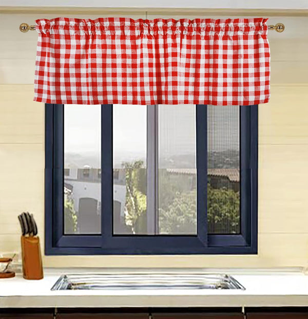 Buffalo Red and White Check Kitchen Window Valance - 2 Pack Half Short Gingham Plaid Home Decor Curtain