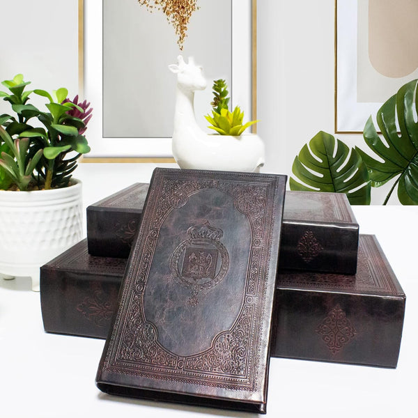 Decorative Book Box Set of 3 - Vintage Style Imitation Leather Storage Box, Antique Decoration