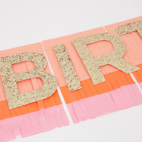 Meri Meri Rainbow Fringe Happy Birthday Banner, 8' Party Garland with Excess Cord