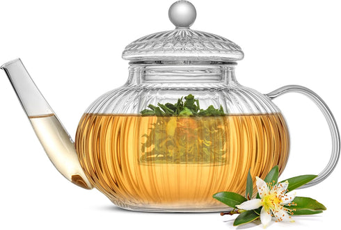 JoyJolt 33.8oz Fluted Glass Teapot Set with 13.5oz Double Wall Glasses, Stovetop Safe Kettle, Borosilicate Clear Tea