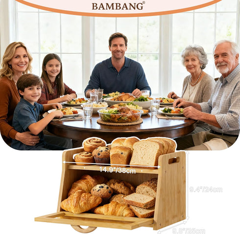 Required(14.9" 9.8" 9.4") BAMBANG Extra Large Bread Box, Bread Box for Homemade Bread, Bamboo Wooden Bread Storage