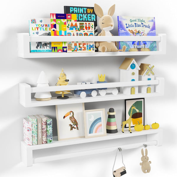 Heimlove Nursery Floating Shelves, Solid Wood Nursery Book Shelves for Wall, 32