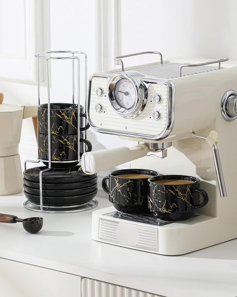 8 OZ Set 4, Set MALACASA Porcelain Espresso Cups with Saucers and Metal Stand of Stackable Cappuccino Cups, Marble