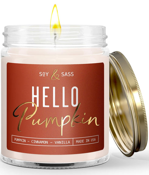Fall Candles - 'Hello Pumpkin' Soy Pumpkin Spice Candle, Infused with Essential Oils, 9oz Reusable Jar, 50 Hour Burn