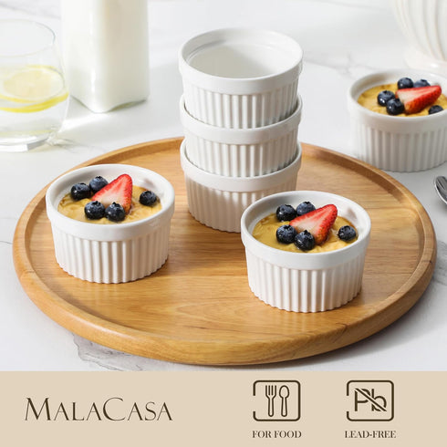 MALACASA Ramekins, 4 oz Oven Safe Porcelain Creme Brulee Cups, Set of 6 White Baking Bowls