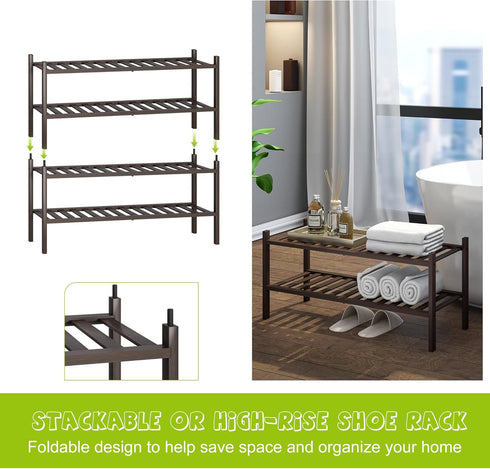 2-Tier Closet BMOSU Bamboo Shoe Rack Premium Stackable Shoe Shelf Storage Organizer for Hallway Living Room Entryway