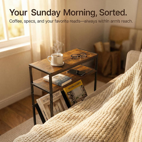 2-Tier Narrow End Table with Magazine Rack, Slim Side Table for Small Spaces, Industrial Nightstand with Storage Sling