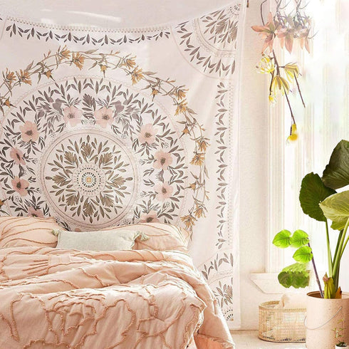 Simpkeely Sketched Floral Medallion Tapestry, Bohemian Mandala Wall Hanging for Home Décor, 59.1 x 59.1 Inches (Mauve)