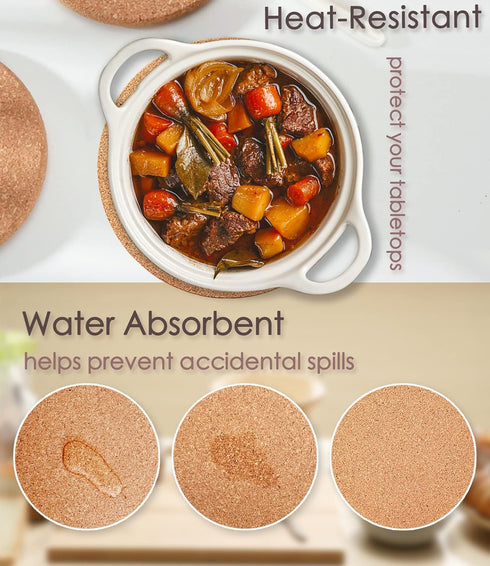 Cork Trivet - 6 Pcs High Density Thick Cork for Hot Dishes, 10 Inch Heat Resistant Multifunctional Coaster
