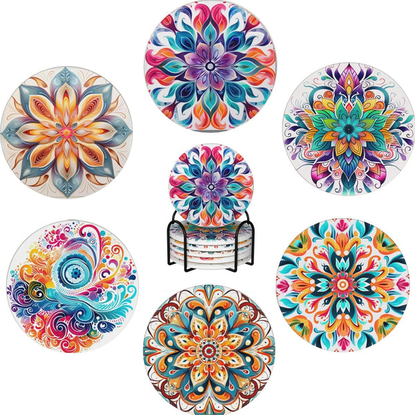 Boho Coasters Set of 6, Coasters for Drinks Absorbent Stone with Holder,