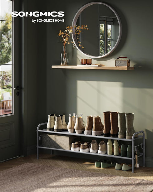2-Tier 4 12 Closet, SONGMICS Shoe Rack, Shoe Organizer, Fabric Shoe Shelf Storage with Hooks, Holds up to Pairs
