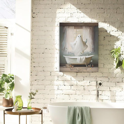 Funny Ghost Bathroom Canvas Wall Art - White Ghost Picture for Farmhouse Bathroom Decor, Framed 12"x16"