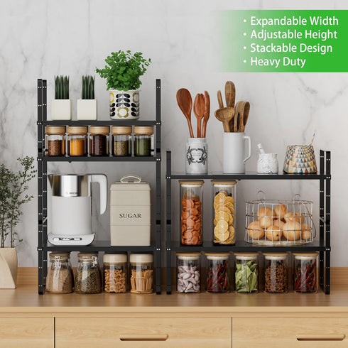 Expandable Heavy Duty Cabinet Storage Shelf, Stackable Organizer Rack for Kitchen, Bathroom, Countertop, Black