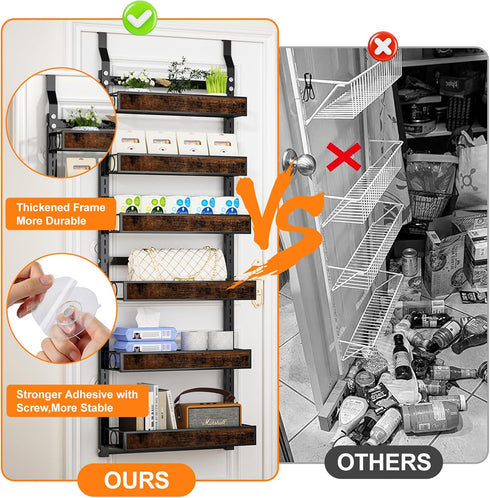 6 2 1 Tier Over The Door Pantry Orangizer IN Wall Mounted or Hanging Spice Rack with Adjustable Wood Basket,Heavy Duty