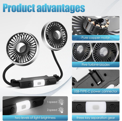 Car Fan, 12V Cooling Fans for Backseat with Night Light, 360° Rotatable Dual Head Fan for Vehicles
