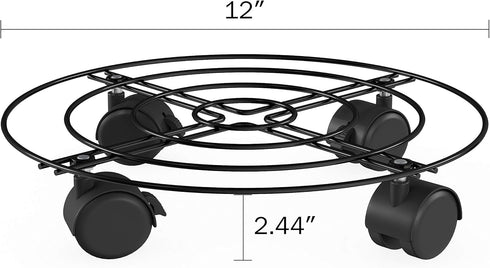 Set 2 12 Metal Plant Caddy- of Round Pot Stand on Wheels- Black Rolling Tray, Locking Casters, Rustproof
