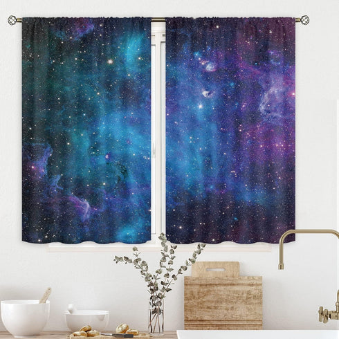 Cinbloo Galaxy Kitchen Curtains, Out Space Wall Art Rod Pocket 27.5W x 39L Inch, Blue Nebula Universe Room Decor for