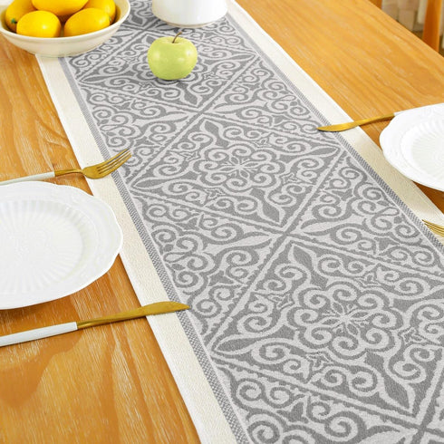 Grey14 x94 Floral Coffee Table Runner for Living Room Kitchen Farmhouse Bordered Dining Table Runner with Fringe