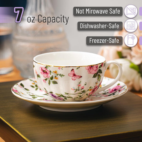 Set 6 (7 oz), Set 6, BTaT- Floral Tea Cups and Saucers of Porcelain Tea Cups of Modern Midnight Floral Design with Gold