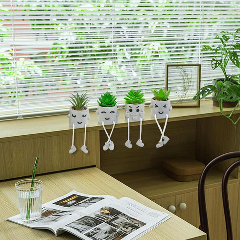 Set 4 of Small Faux Succulents in Cement Pots with Hanging Legs, Potted Mini Fake Plants for Desk, Office Cubicle