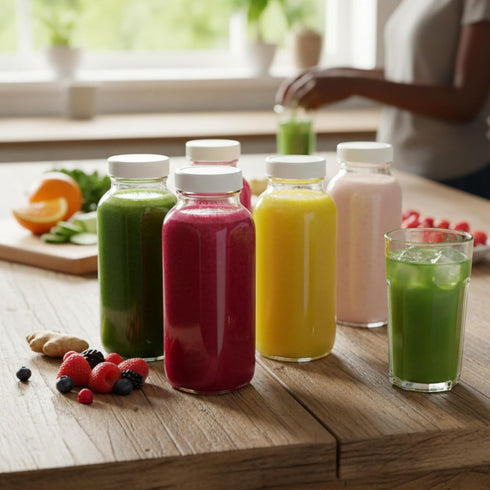 8oz 4 Pack 8 oz kitchentoolz Square Glass Juice Shot Bottle with Lid Milk Glass Bottles with Lids for Lunch Box