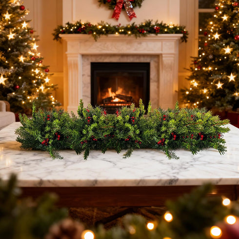 2PCS Bailikang Christmas Artificial Pine Needles Branches Table Decor with Red Berry Pine Cones Greenery Stems