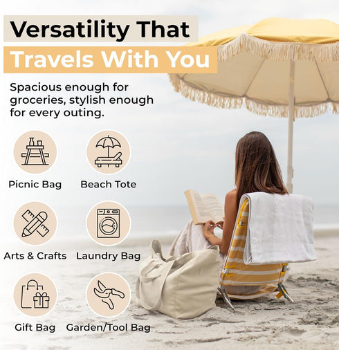 3pc Set VeraMia Canvas Grocery Bag XL with Real Pockets, Long Shoulder Strap and Short Handle. Heavy Duty, Foldable