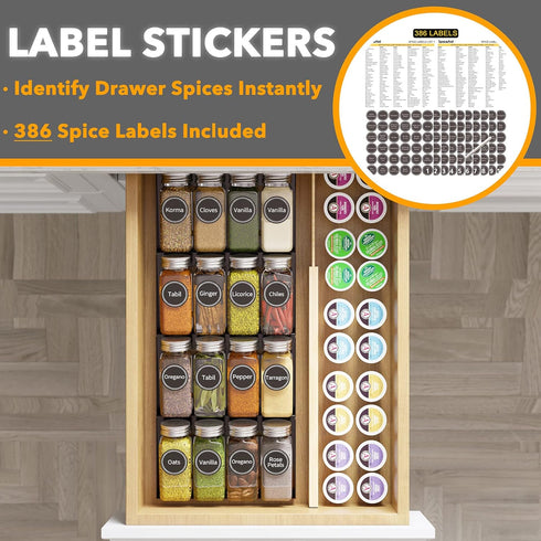 16 386 4 7.5" 17.5" SpaceAid Spice Drawer Organizer with Spice Jars, Spice Labels, Tier Seasoning Rack Tray Insert