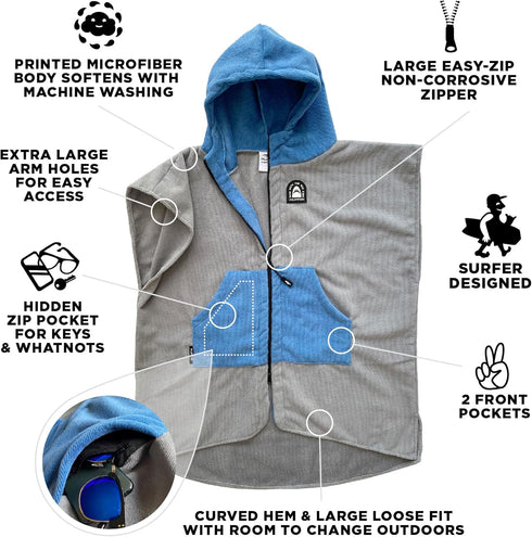 Swimming 2 Pilotfish Surf Poncho Changing Robe Towel - Hooded, Zippered Towel Poncho for Beach, Surfing, | Front