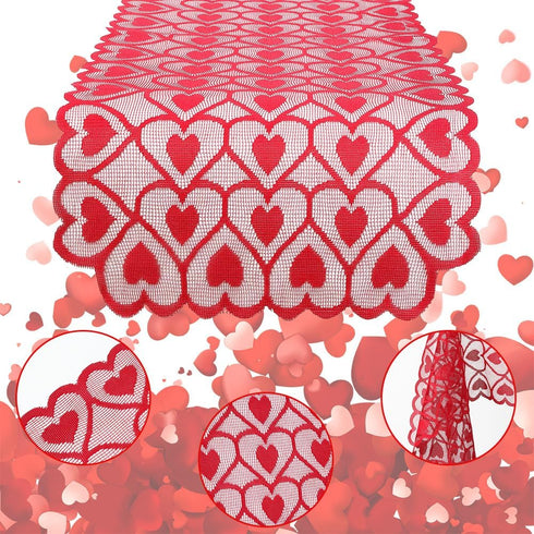 UnslQonds 71 Inch Valentine Table Runner, Long Red Lace Heart Table Runner Backdrop Valentines Decorations Indoor Desk