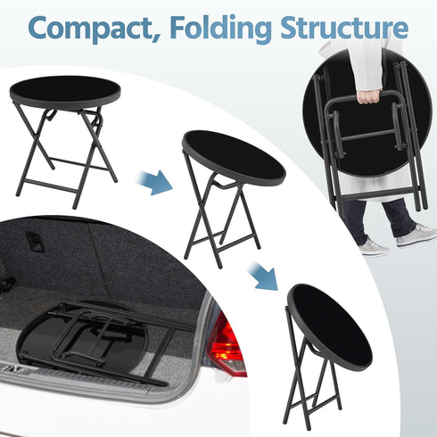 Yaheetech Outdoor Folding Side Table, Round Patio Folding End Table with Silk Tempered Glass Tabletop, Portable Small