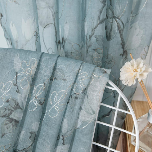 Tollpiz Blue Floral Sheer Curtains, Flower Print Vine Embroidery, 54 x 63 inches, Set of 2 Panels for Bedroom & Living