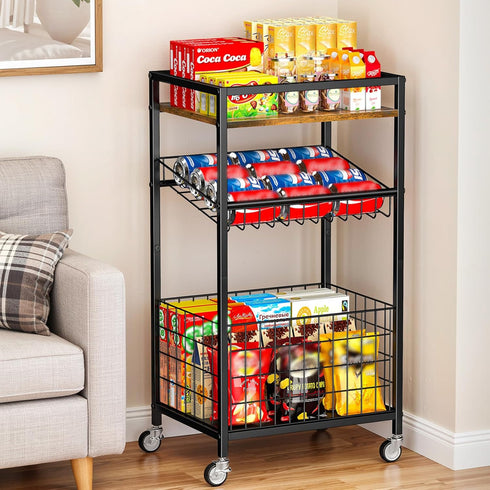 3-Tier Fruit Vegetable Cart, Snack Kitchen Cart on Wheels & Wood Top, Utility Shelf Rack Organizer for Fruit