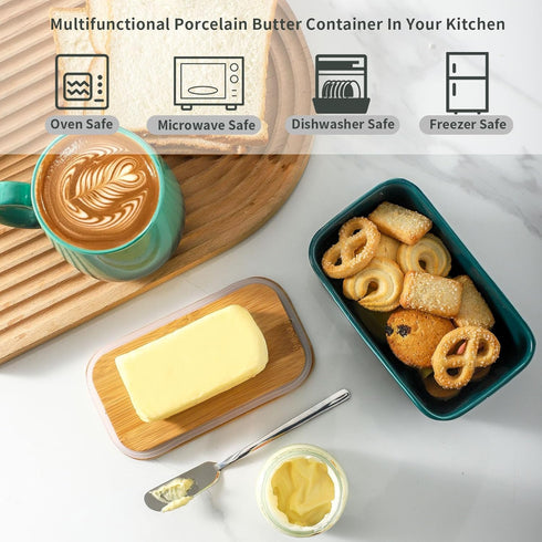 Hasense Large Ceramic Butter Dish with Lid, Green Airtight Butter Container for Countertop, Easy Clean Dishwasher Safe