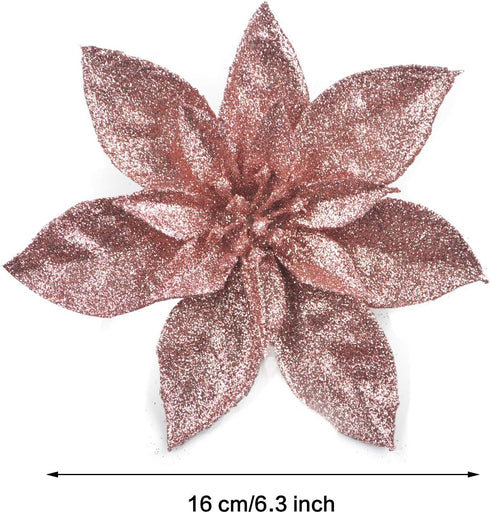 GL-Turelfies 12 Pcs Rose Gold Glitter Christmas Flowers (16cm/6.3’’) with 12 Pcs Clips for Xmas Tree Ornaments