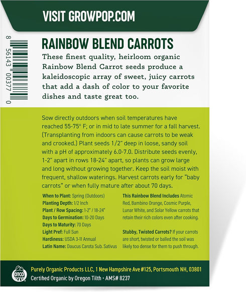 Purely Organic Products LLC 500 Organic Carrot Seeds (Rainbow Blend) - Approx Seeds - USDA Organic, Non-GMO, Open
