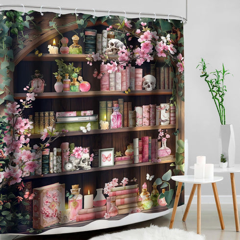 60Wx72H 12 Pack Gothic Skull Shower Curtain Vintage Bookshelf Witchy Floral Pink Cherry Pretty Retro Magic Spring