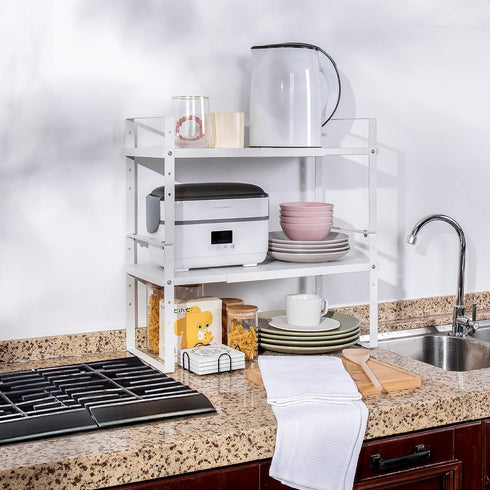 Counter 2 Pack) Across-Star Expandable Cabinet Shelf Organizer Rack, Stackable Kitchen Storage Shelves Stand