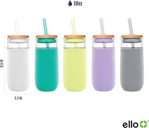 Ello Devon 18oz Glass Tumbler with Straw, Bamboo Wood Lid and Silicone Sleeve, Perfect for Iced Coffee