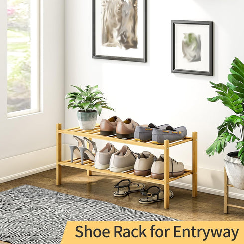 Furshus 2-Tier Closet Bamboo Shoe Rack for Entryway, Stackable | Heavy Duty | Multi-Function, Free Standing Shoe Racks